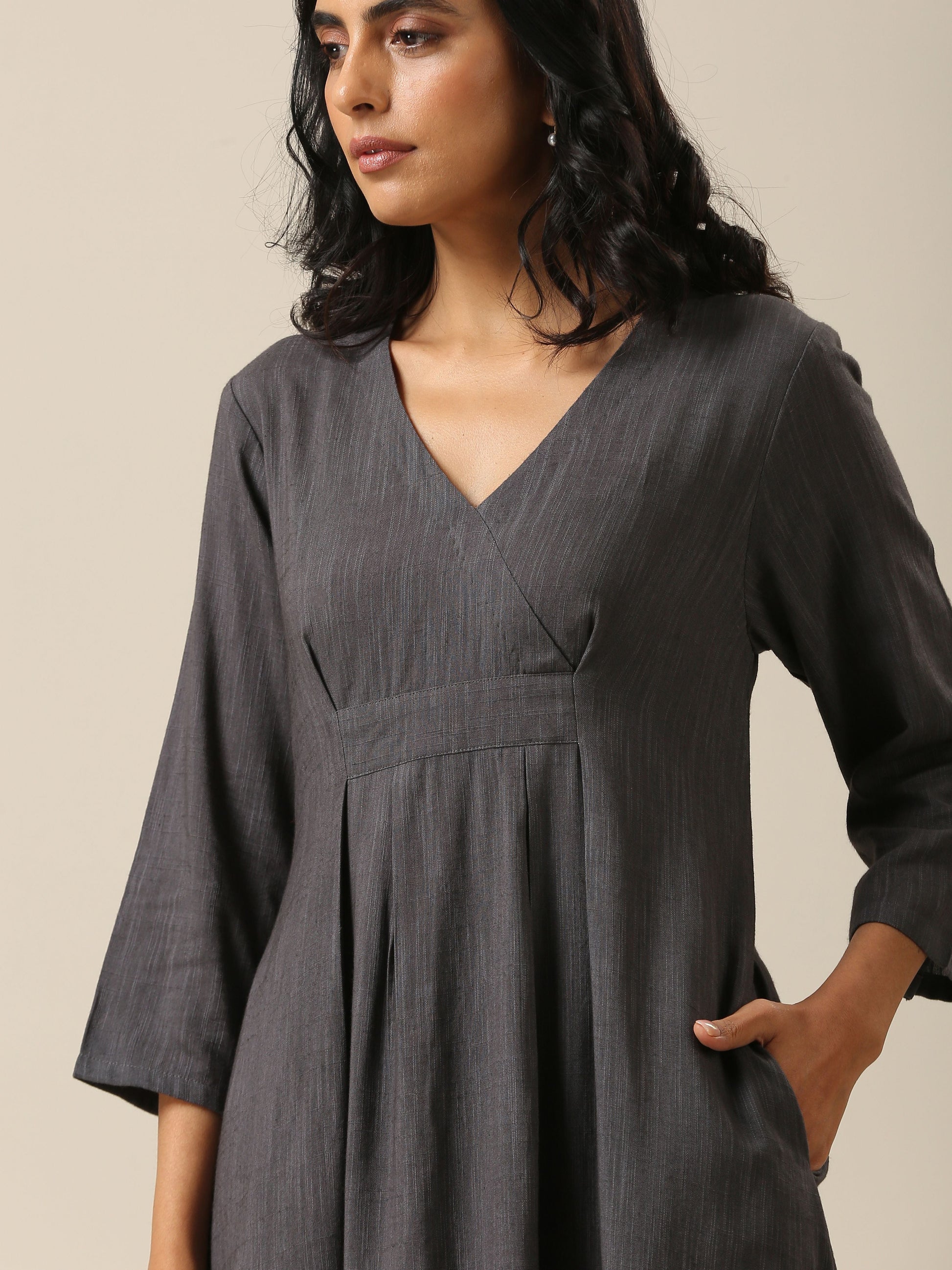Slate Grey Slub Texture Overlap Pleat Kurta Pant Set | Relove