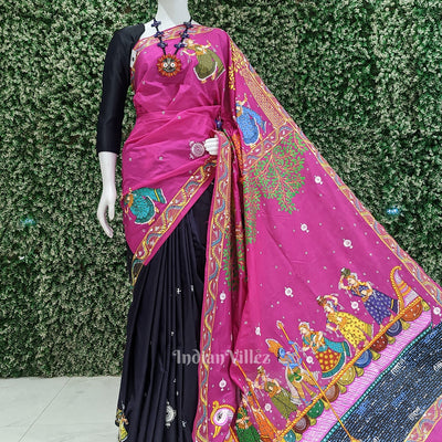 Rani Pink Boita Bandana Theme Hand-Painted Pattachitra Saree