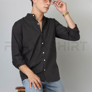 Frankshirt Chinese Collar Black Solid Tailored Fit Cotton Casual Shirt for Man