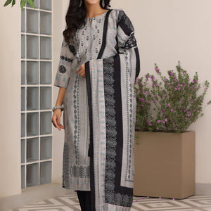 Grey Printed Silk Blend Straight Suit With Dupatta