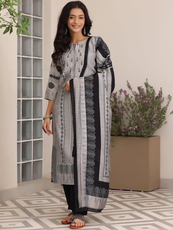 Grey Printed Silk Blend Straight Suit With Dupatta