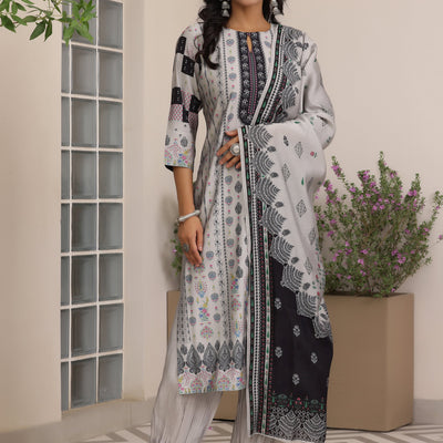 Grey Printed Silk Blend Straight Suit With Dupatta