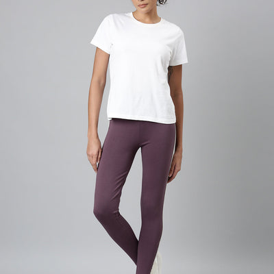 Women Purple Cotton Side Stripe Active Leggings