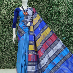 Sky Blue with Fish Motif Double Pallu Berhampuri Silk Saree