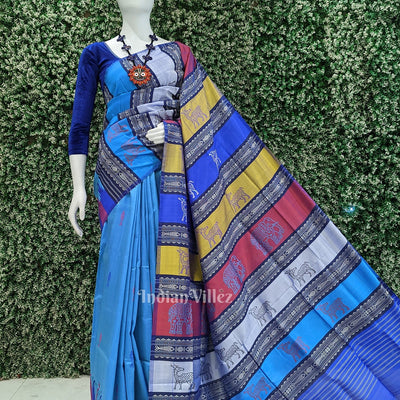 Sky Blue with Fish Motif Double Pallu Berhampuri Silk Saree