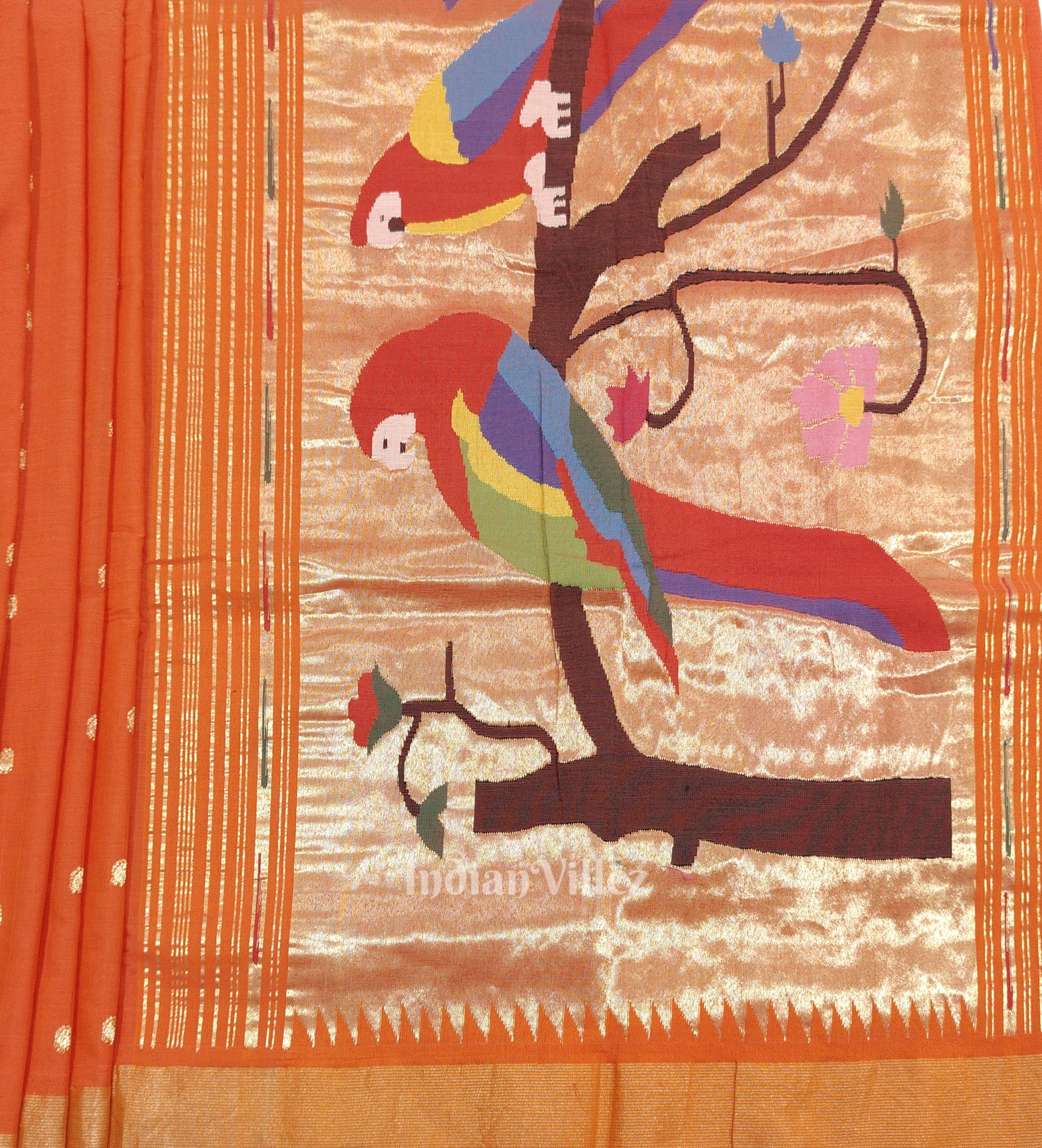 Orange Butta Design Cotton Paithani Saree