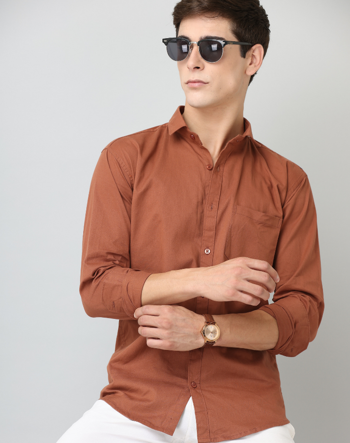 Frankshirt Men Dusty Brown Solid Tailored Fit Cotton Casual Shirt