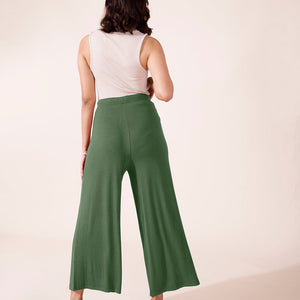 Women Solid Dark Olive Viscose Mid Rise Knit Palazzos
