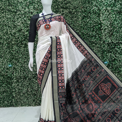 White Black Pasapali Border Design Odisha Ikat Bomkai Silk Saree