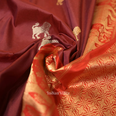 Maroon Red Lion Motif Designer Katan Banarasi Silk Saree