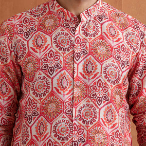 trueBrowns Men's Beige Printed Front Open Kurta