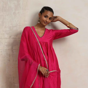 trueBrowns Pink Silk Anarkali Kurta Pant Dupatta Set