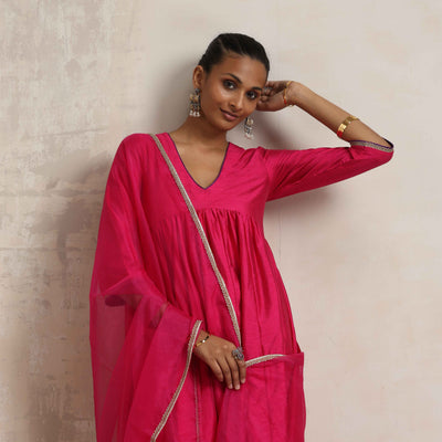 trueBrowns Pink Silk Anarkali Kurta Pant Dupatta Set