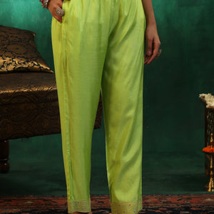 Green Woven Design Silk Blend Straight Suit With Dupatta