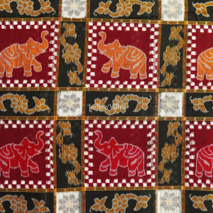 Black & Maroon Elephant Print Sambalpuri Ikat Cotton Fabric