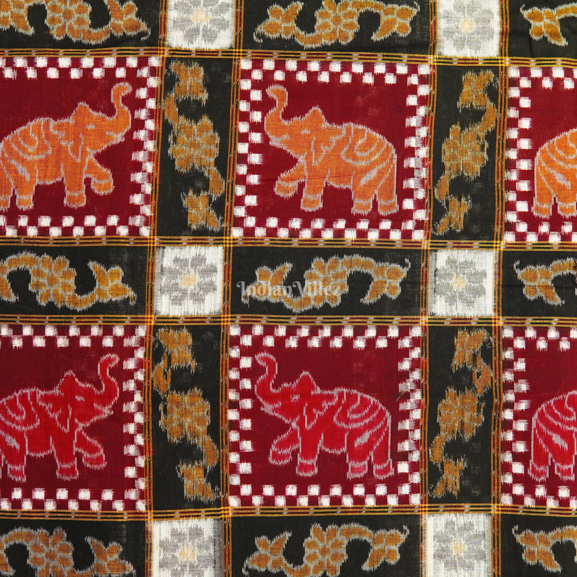 Black & Maroon Elephant Print Sambalpuri Ikat Cotton Fabric