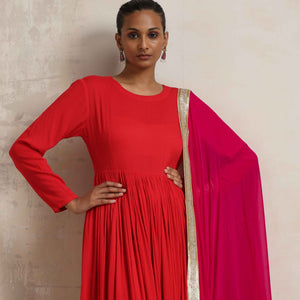 trueBrowns Red Crinkle Anarkali Kurta Pant Dupatta Set