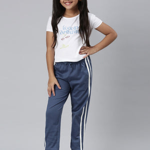 Girls Printed Blue Mid Rise Cotton Joggers