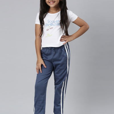 Girls Printed Blue Mid Rise Cotton Joggers