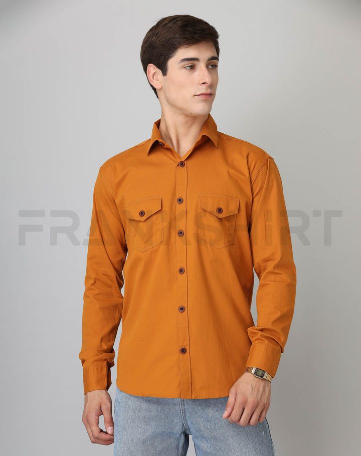 Frankshirt Double Pocket Mustard Solid Tailored Fit Cotton Casual Shirt for Man