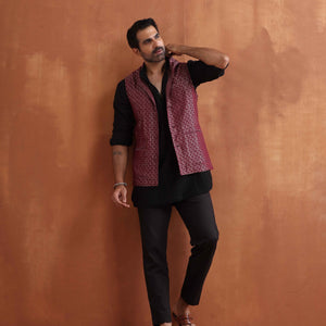 trueBrowns Men's Dark Purple Cotton Dobby Nehru Jacket