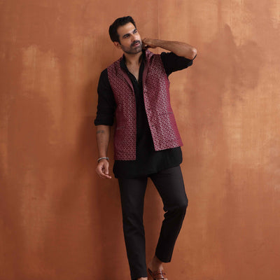 trueBrowns Men's Dark Purple Cotton Dobby Nehru Jacket