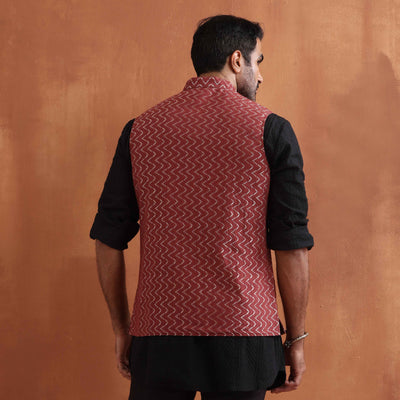 trueBrowns Men's Rust Cotton Dobby Nehru Jacket