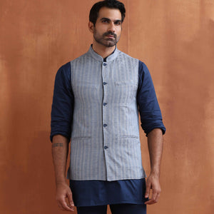 trueBrowns Men's Blue Chanderi Reversible Nehru Jacket