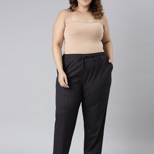 Women Printed Black Mid Rise Cotton Knit Lounge Pants