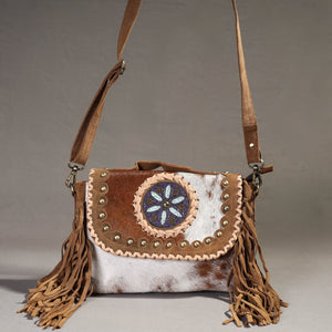 Brown - Handcrafted Fur Leather Fringe Sling Bag with Blue Stone