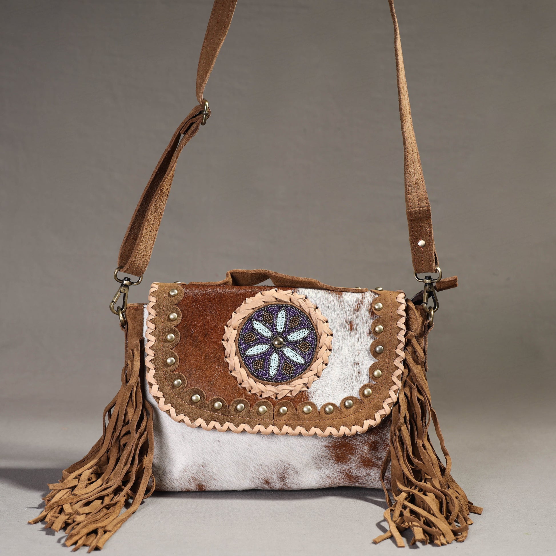Brown - Handcrafted Fur Leather Fringe Sling Bag with Blue Stone