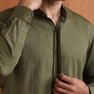 trueBrowns Men's Olive Green Cotton Front Open Kurta