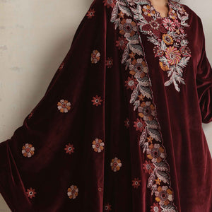 trueBrowns Maroon Velvet Floral Embroidered Kurta Pant Dupatta Set
