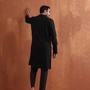 trueBrowns Men's Black Textured Cotton Dobby Front Open Kurta