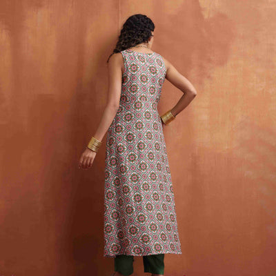 trueBrowns Off White Print Flared Anarkali Kurta Set