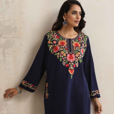 trueBrowns Blue Kashmiri Embroidered Woollen Phiran Kurta