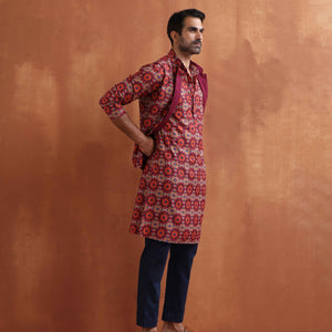 trueBrowns Men's Beige Printed Kurta