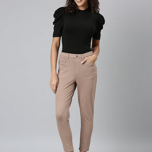 Women Solid Light Chocolate Mid Rise Cropped Jeggings
