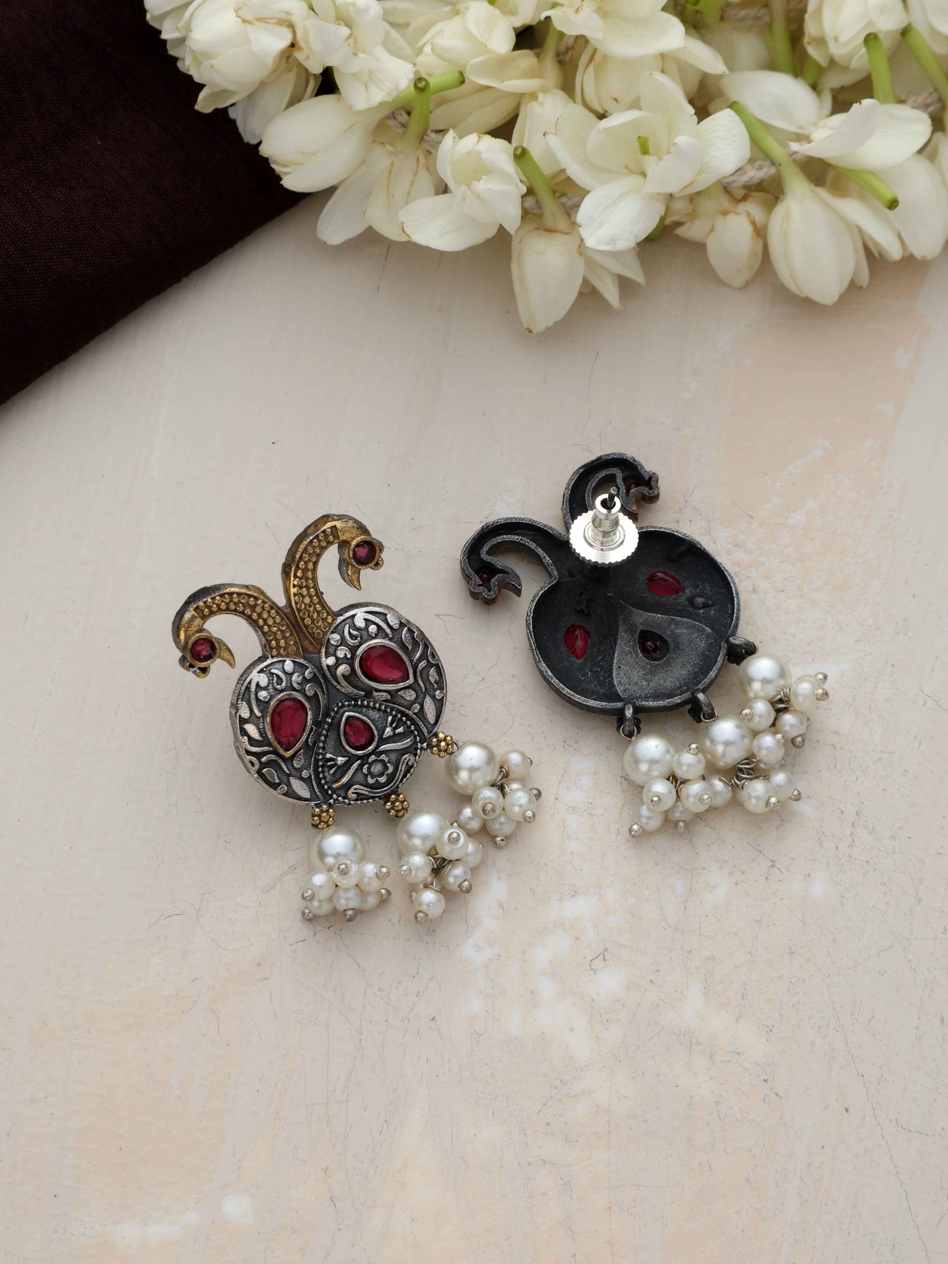 trueBrowns Silver Gold Tone Peacock Stud Earrings