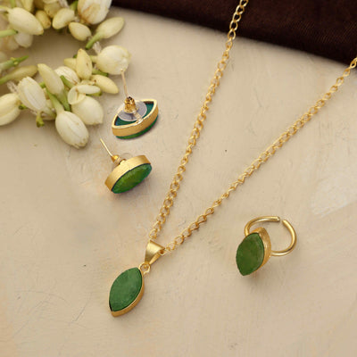 trueBrowns Gold Tone Green  Stone Pendant Set