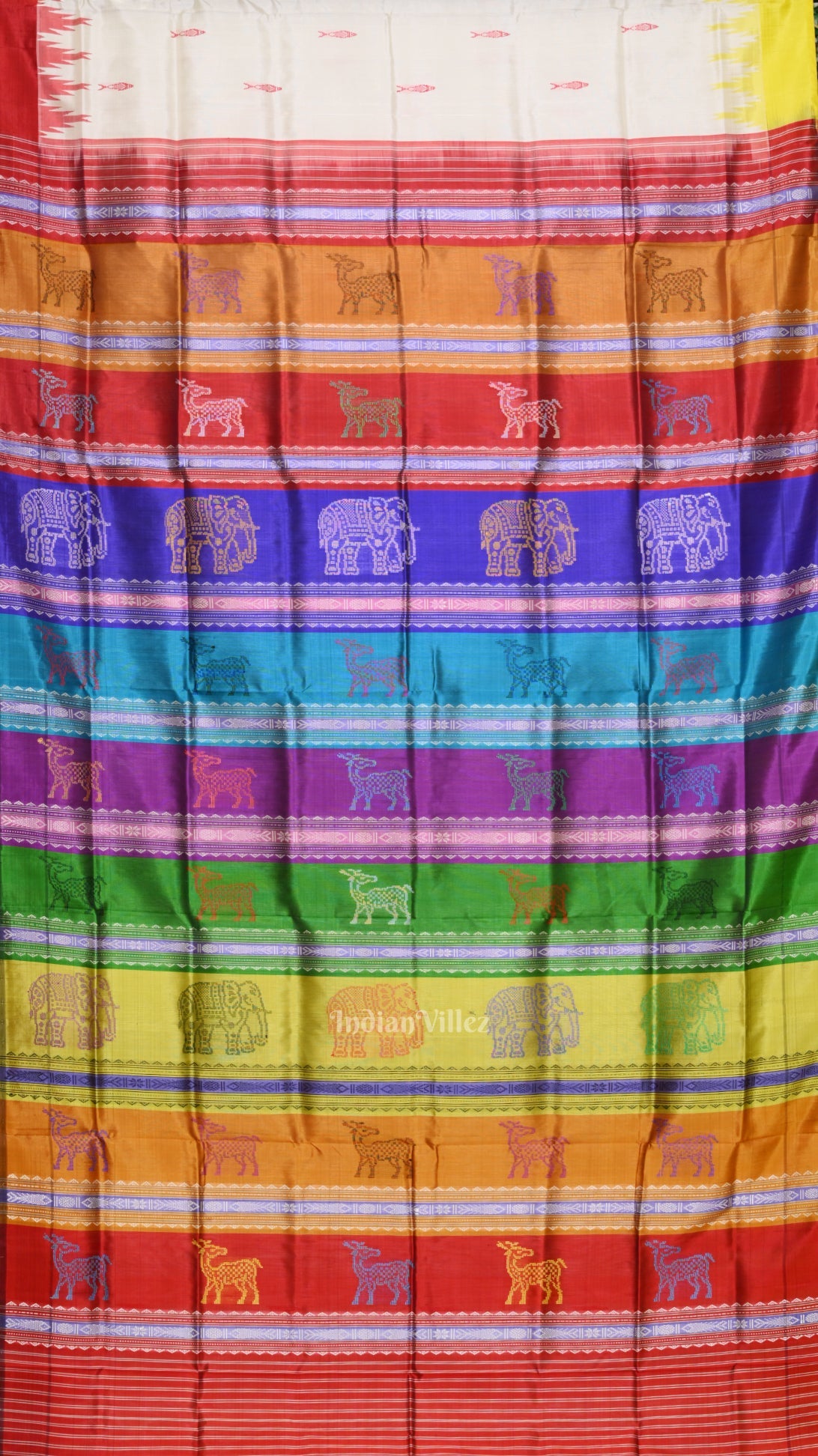 White Fish Motif With  Animal Theme Double Pallu Berhampuri Silk Saree