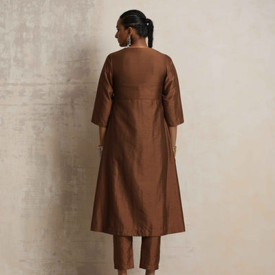 trueBrowns Brown Silk Slit Kurta Set