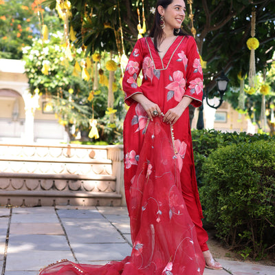 Raspberry Blush Red Handpainted Satin Suit Set