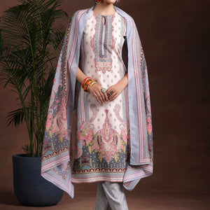 Grey Printed Poly Crepe Straight Suit With Dupatta