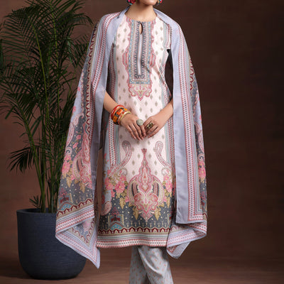 Grey Printed Poly Crepe Straight Suit With Dupatta