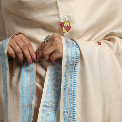 Beige - Madhubani Handpainted Tussar Cotton Handloom Dupatta 01