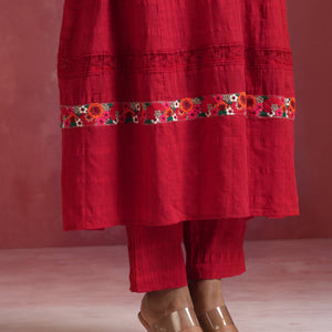 trueBrowns Red Cotton Dobby Flared Kurta Set