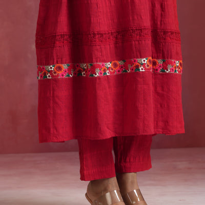 trueBrowns Red Cotton Dobby Flared Kurta Set