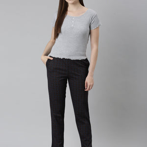 Women Printed Black Mid Rise Cotton Knit Lounge Pants