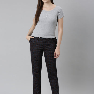 Women Printed Black Mid Rise Cotton Knit Lounge Pants